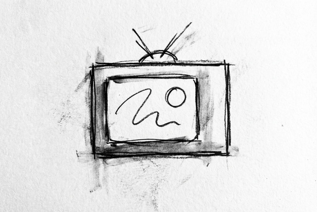 A minimalist charcoal sketch of a vintage television with antennas on a textured background.