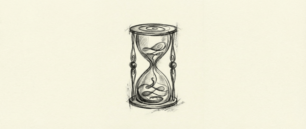 Pencil sketch of an hourglass containing swirling, stylized lines on a cream paper background.