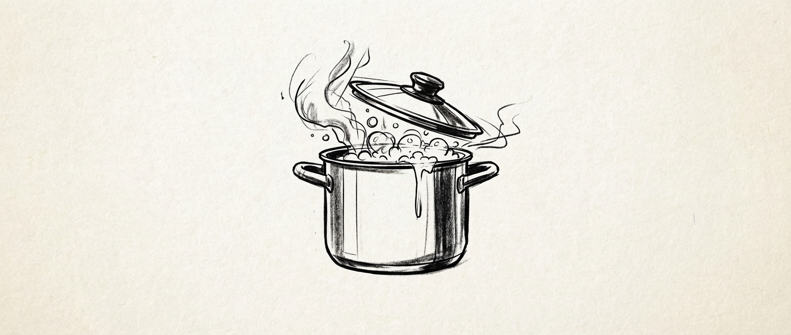 Charcoal sketch of a pot with steam rising and liquid boiling over the side.
