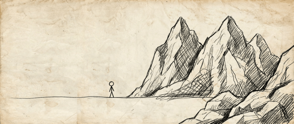 Pencil drawing of a small stick figure facing a large, craggy mountain peak.