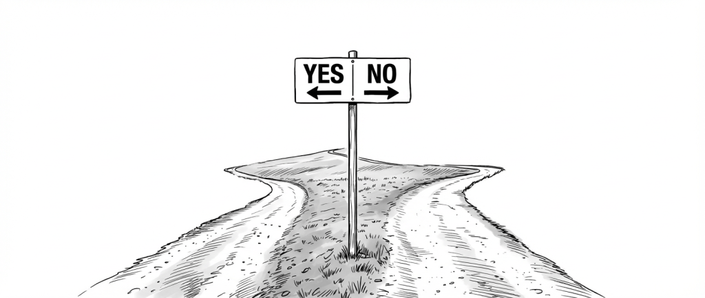 A signpost with 'YES' and 'NO' at a fork in a foggy rural road.