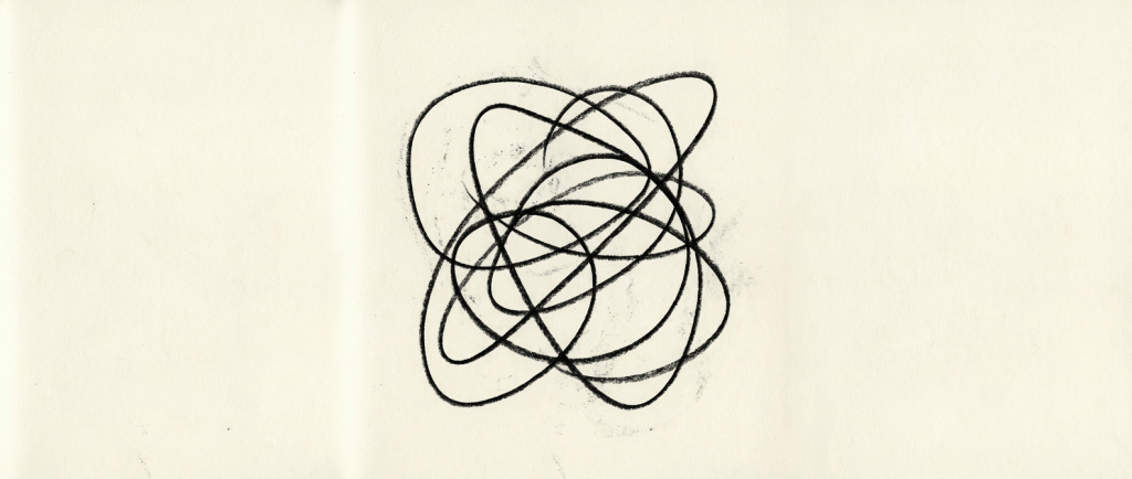 Minimalist sketch of tangled, overlapping charcoal loops on a textured off-white background.